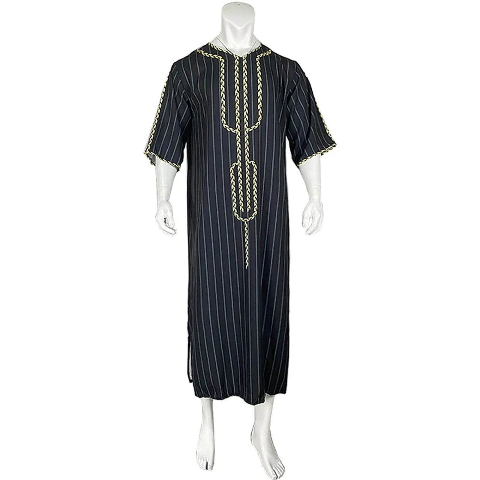 Muslim Men'S Clothing Hand-Embroidered Loose Breathable Summer Fashion Loose Robe Dubai Luxury V-Neck Short Sleeve Printing - AIAZ