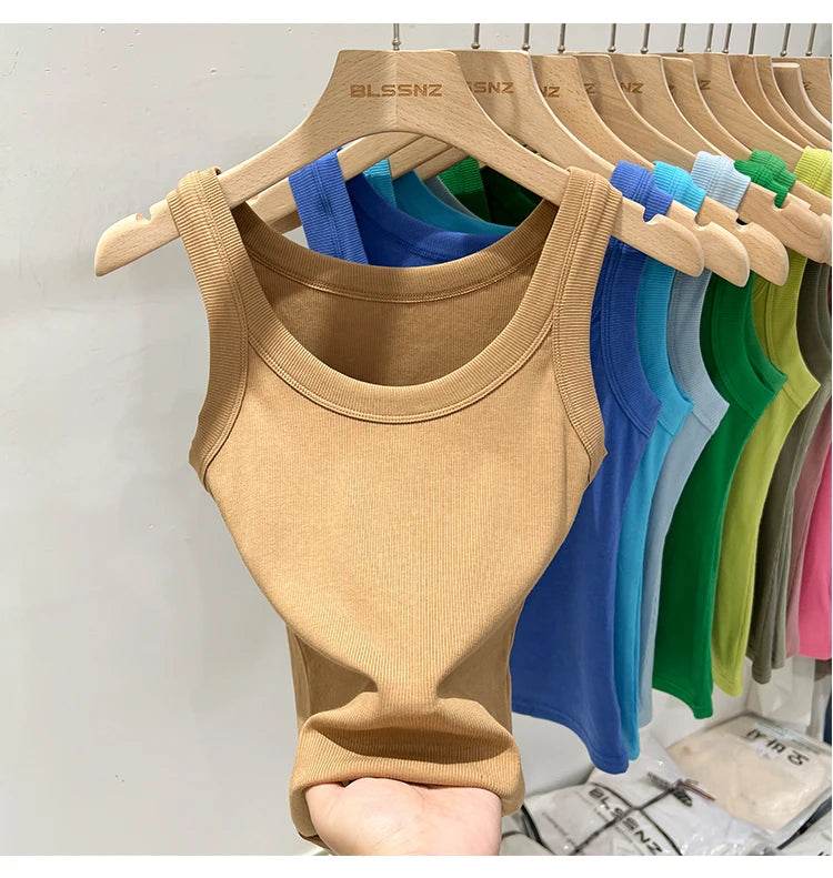Women Solid Round Neck Ribbed Tank Top Camisole Women 2025 Summer Basic Elastic Tank Top O Neck Solid Tank Top - AIAZ