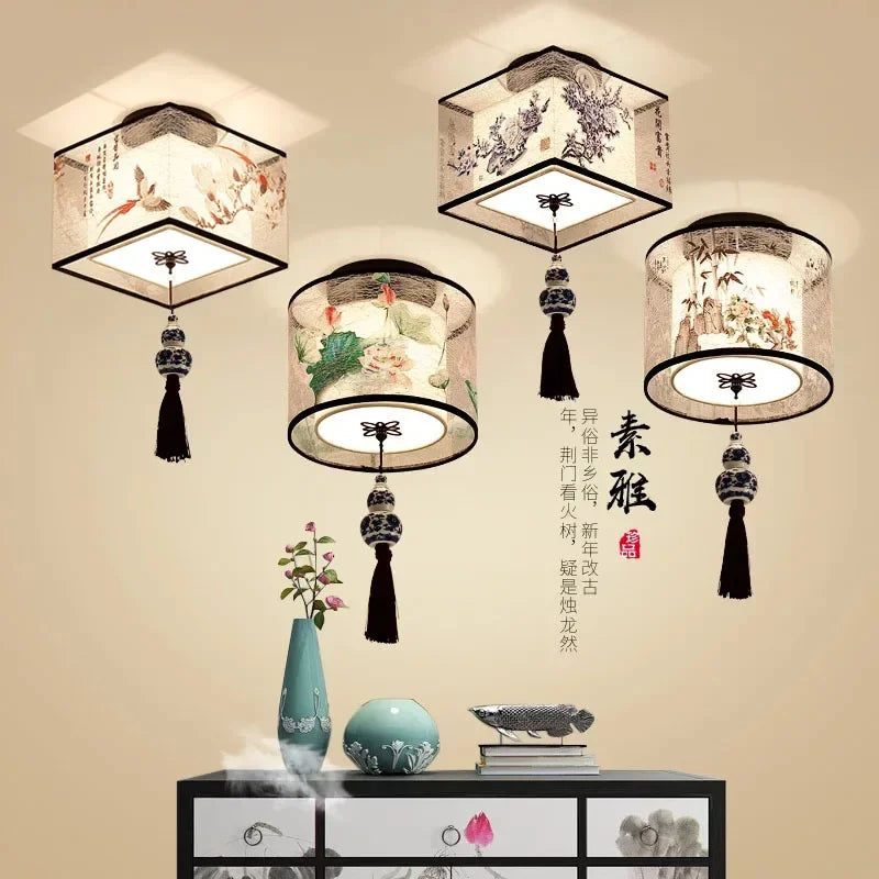 New Chinese Chandelier Lustre Ceiling Lamp Simple Corridor Chinese Painting Ceiling Lights Creative Suspendu Lotus Led Lighting