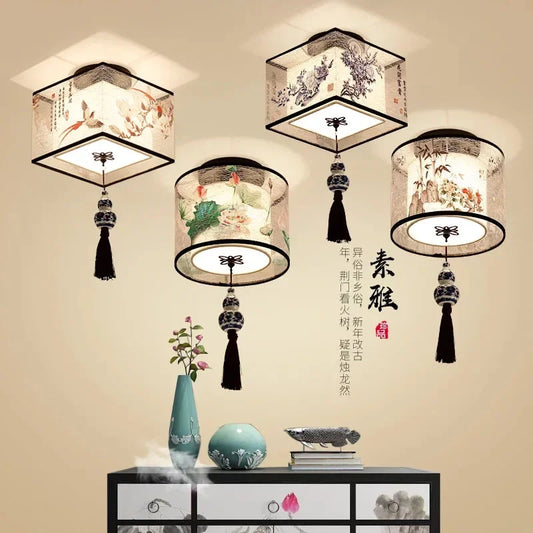 New Chinese Chandelier Lustre Ceiling Lamp Simple Corridor Chinese Painting Ceiling Lights Creative Suspendu Lotus Led Lighting