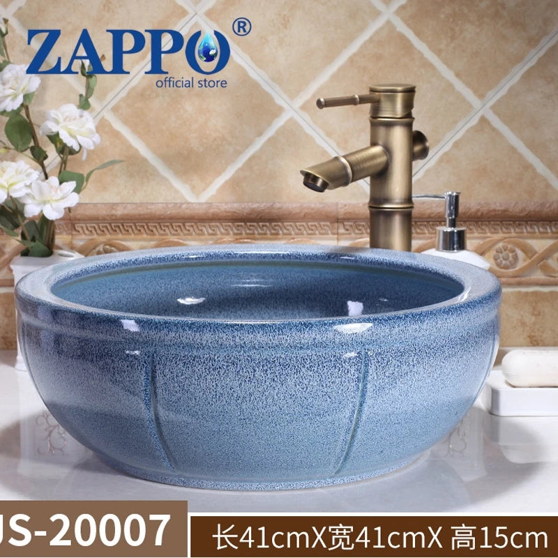 ZAPPO Round Vessel Sink with Faucet Drain JinDezhen Ceramic Vessel Sinks Oval Bathroom Sink Bowl Above Counter with Mixer Tap