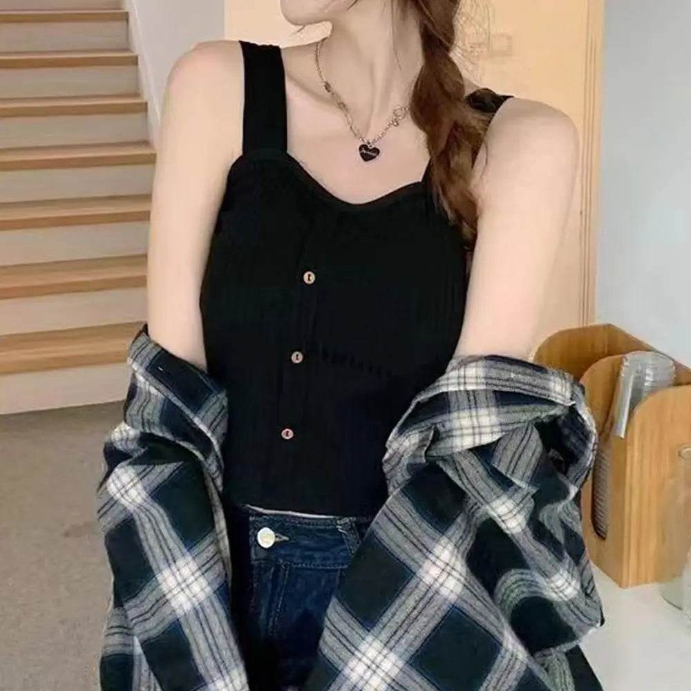 Women's Ribbed Tank Tops Y2K Cropped Tops with Bra Pads Knitted Button Down Suspenders Vest Sexy Camisole Female Short Tops - AIAZ