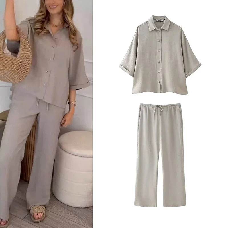 Pajama Style Pants Sets Women 2 Pieces Fashion Oversized Shirts Tops Trousers Women's Suit Two Piece Set Women Outfit - AIAZ