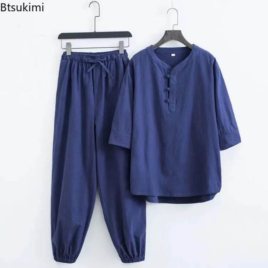 New Men's Cotton Linen Sets Chinese Style Solid Short Sleeve Pants Two Pieces Traditional Clothes Kung Fu Uniform Tang Suit Male - AIAZ