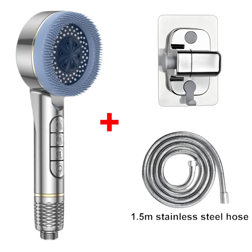 4 Modes Self-cleaning Shower Head with Silicone Brush One-Key Stop Water Massage High Pressure ABS Showerhead with Filter