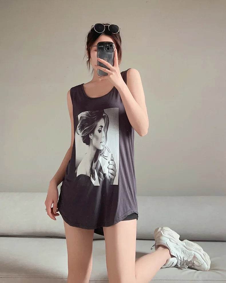 Women Long Tank Tops O-Neck Fashion Print Beauty's Head Casual Loose sleeveless T-shirt streetwear camis tops - AIAZ