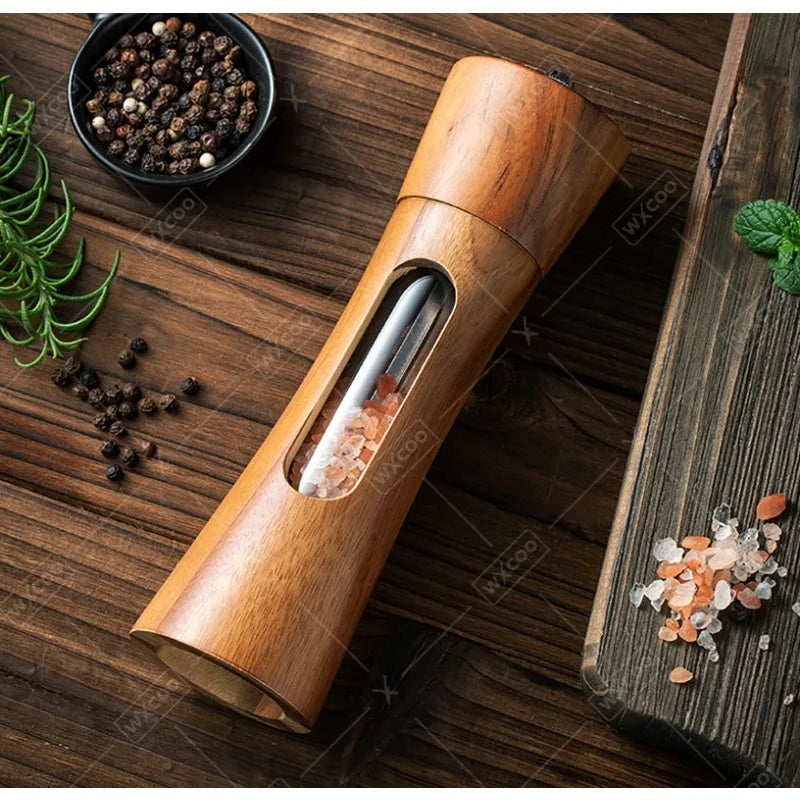 Wood Pepper Grinder Shaker Adjustable Ceramic Core Grinding Bottle with Base Wood Salt Pepper Mills for Kitchen Cooking BBQ