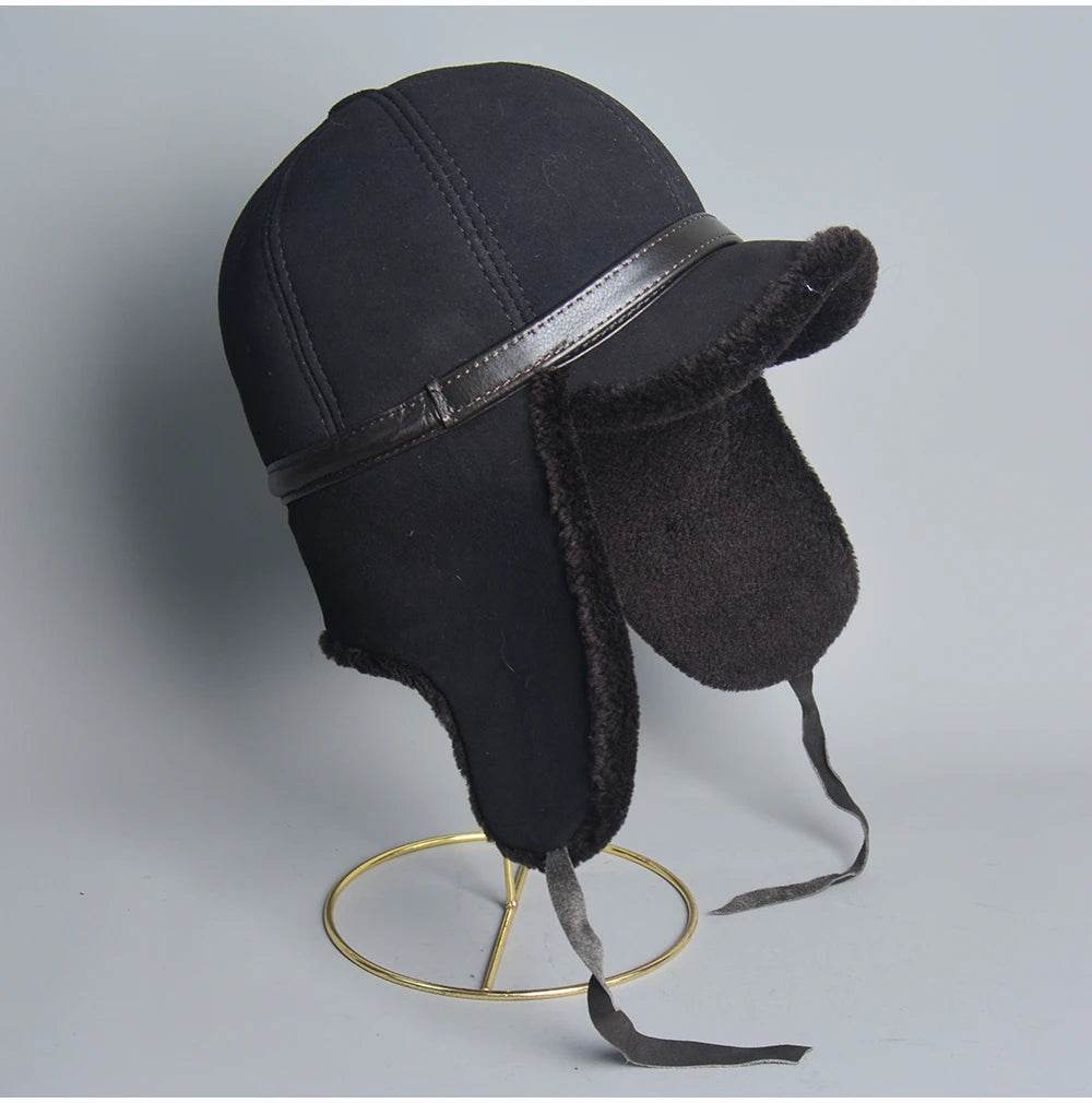 High Quality 2025 Winter Leather Hat Men Fur Lamb Wool Warm Thick Earflaps Bomber Hats Men's Baseball Cap Russian Hat - AIAZ