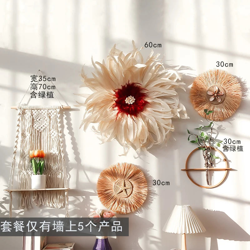 Bohemian Wall Decorations, Woven Grass and Rattan Wall Ornaments, Wall Decorations for Restaurant Background Walls