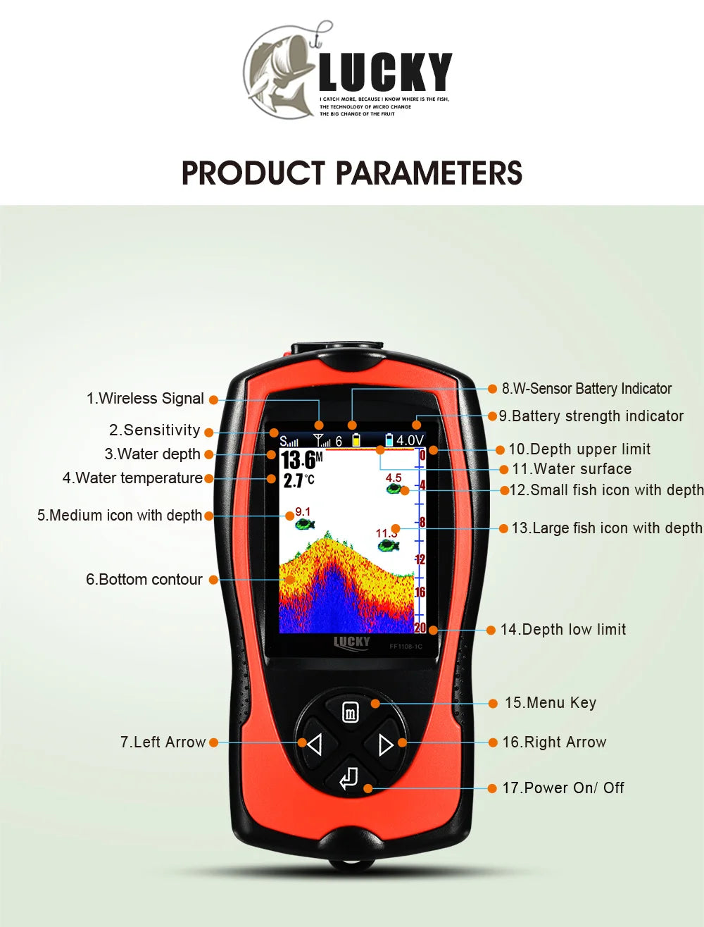 Lucky Sonar Fish Finder FF1108-1CWLA Rechargeable Wireless Sensor 45M Water Depth Echo Sounder Fishing Portable Fish Finder