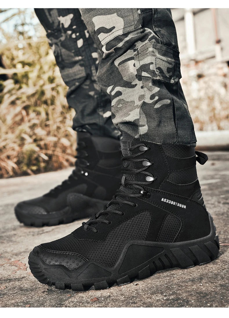 Outdoor Hiking Shoes Men Casual Combat Boots Men Breathable Wear-resistant Anti-slip Flat Comfortable High-top Boots Men