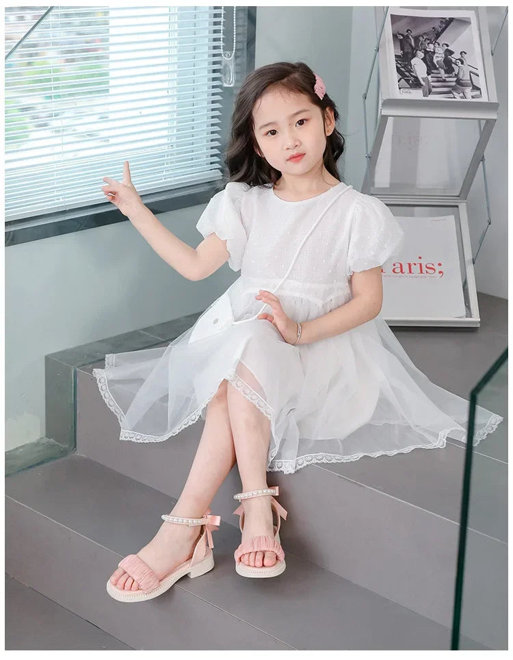 Children's Sandals Summer Elegant Girl Princess Dress Bowtie Sandals Fashion Beading Ankle Strap Kids Causal Sweet Roman Sandals