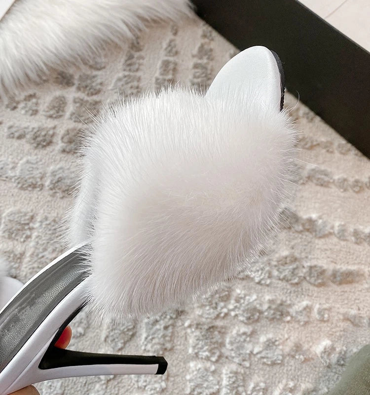 Thin high-heeled slippers summer new round-toed fish mouth fur leather fashion slippers banquet dress mink fur women's sandals