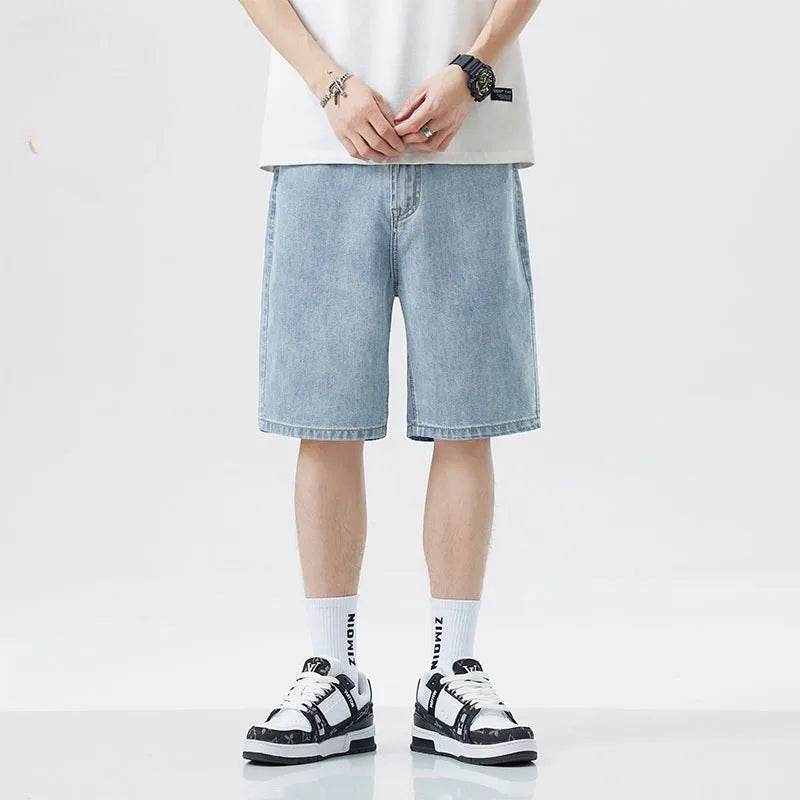 2025 Men's minimalist denim shorts with high-end washing technology from Europe and America, versatile basic five quarter pants - AIAZ