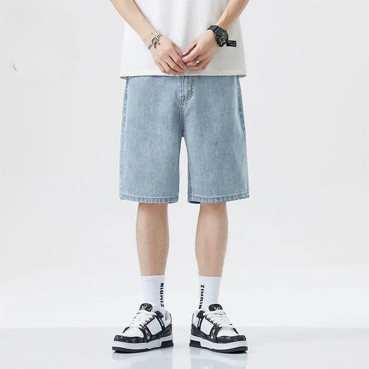 2025 Men's minimalist denim shorts with high-end washing technology from Europe and America, versatile basic five quarter pants - AIAZ