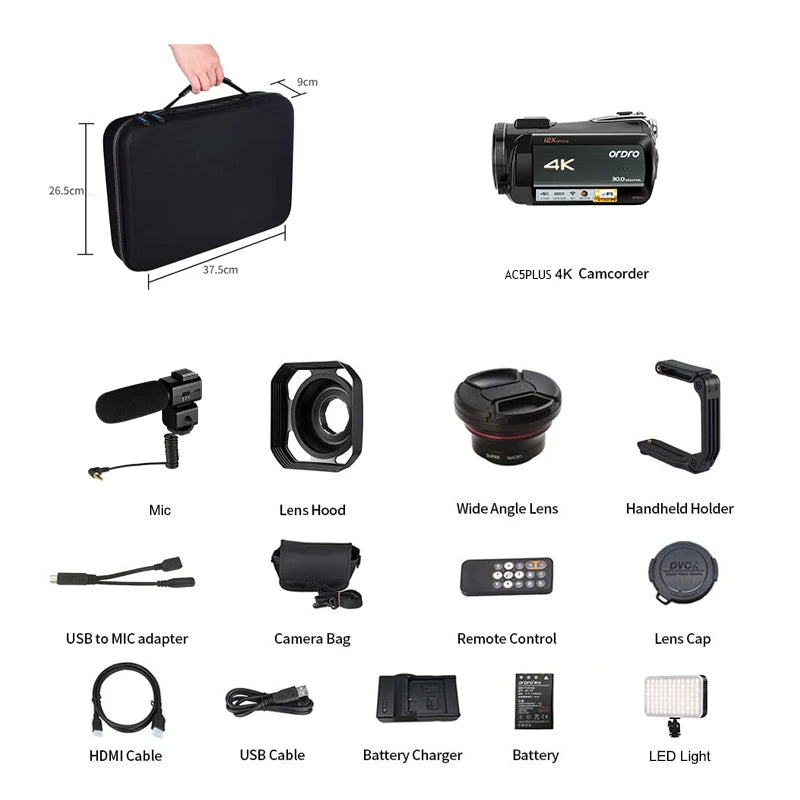 Live Streaming Camera 4K Digital Camcorder Ordro AC5PLUS 12X Optical Zoom for YouTube Vlog Church Wedding Videos Home Use