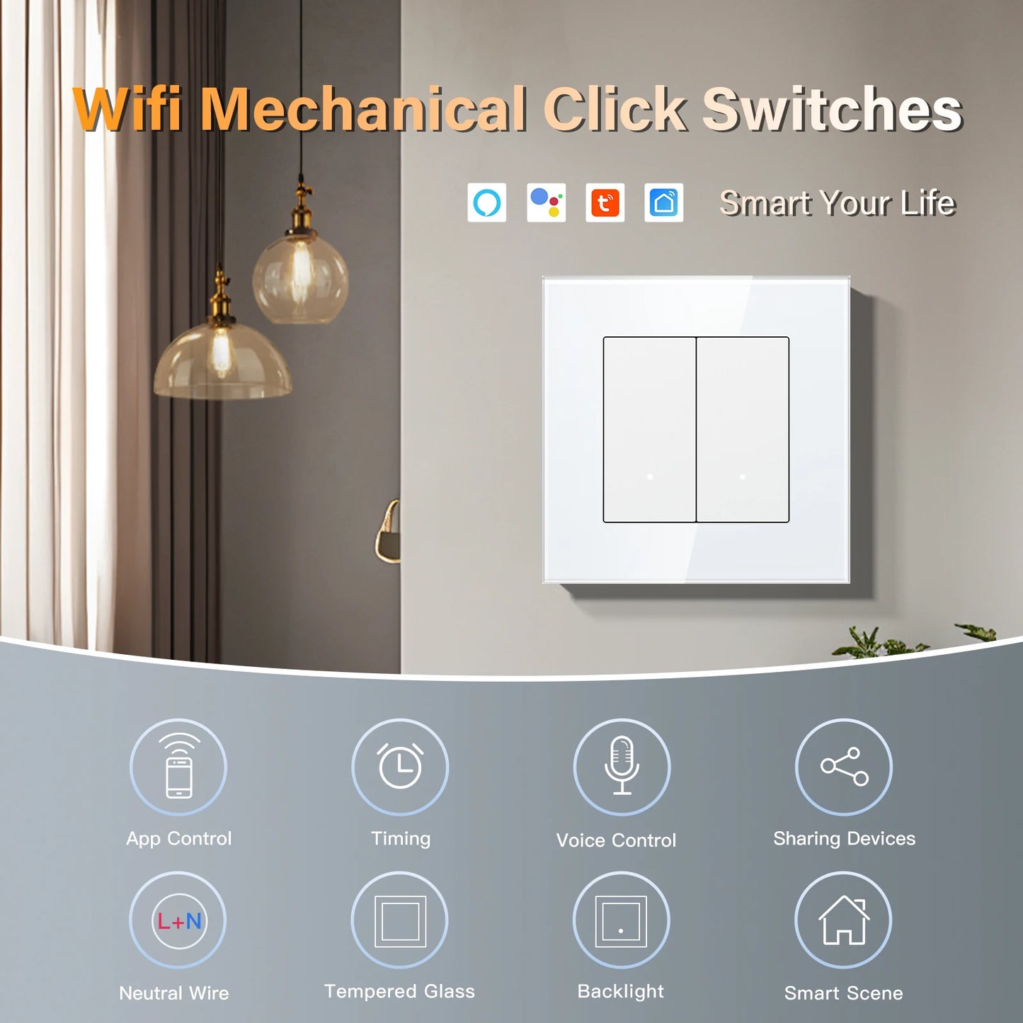 BSEED 1/2/3/4Gang 2Way WIFI Light Switch Smart Click Button Switch Glass Panel LED Indicator Support Tuya Smart Life Google Home