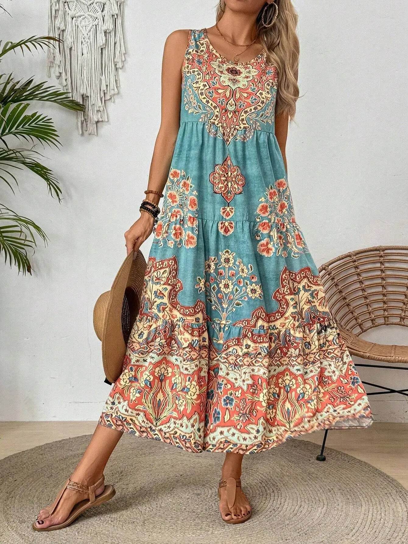 Women Vintage Print Sleeveless O-neck Vest Long Dresses 2025 Summer Fashion New Beach Vacation A-line Dress Woman Loose Dress - AIAZ