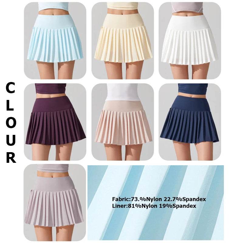 Women Summer Tennis Skirt Solid Color Pleated 2 In 1 Running Skirt Breathable Quick Dry Pocket Badminton Skirt Short Sportswear - AIAZ