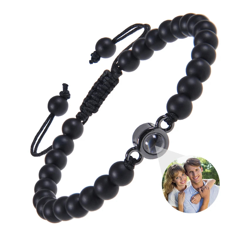 Natural Stone Beads Personalized Picture Bracelet Pink Zebra Stone Custom Photo Projection Bracelet Memorial Gifts for Women Men