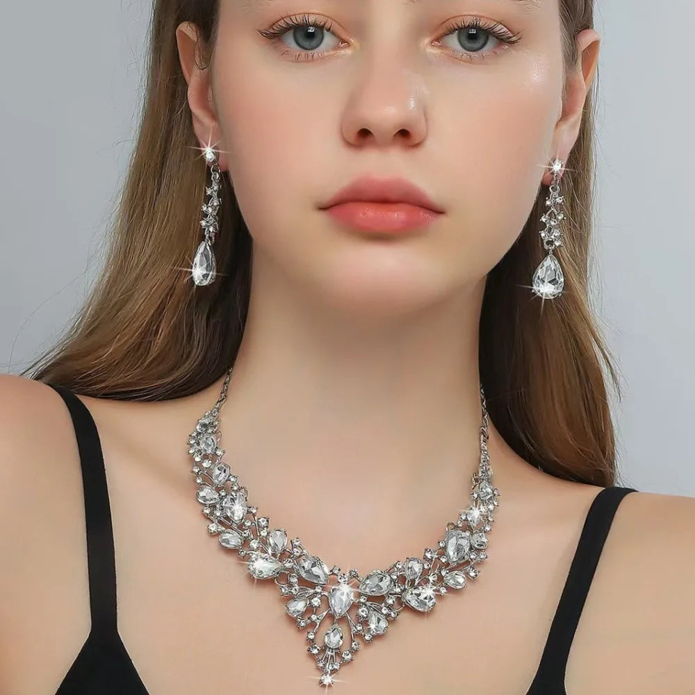 Fashion Crystal Bridal Necklaces Earrings Shining Elegant Rhinestone Jewelry Set Exquisite Necklace Earrings Set Banquet