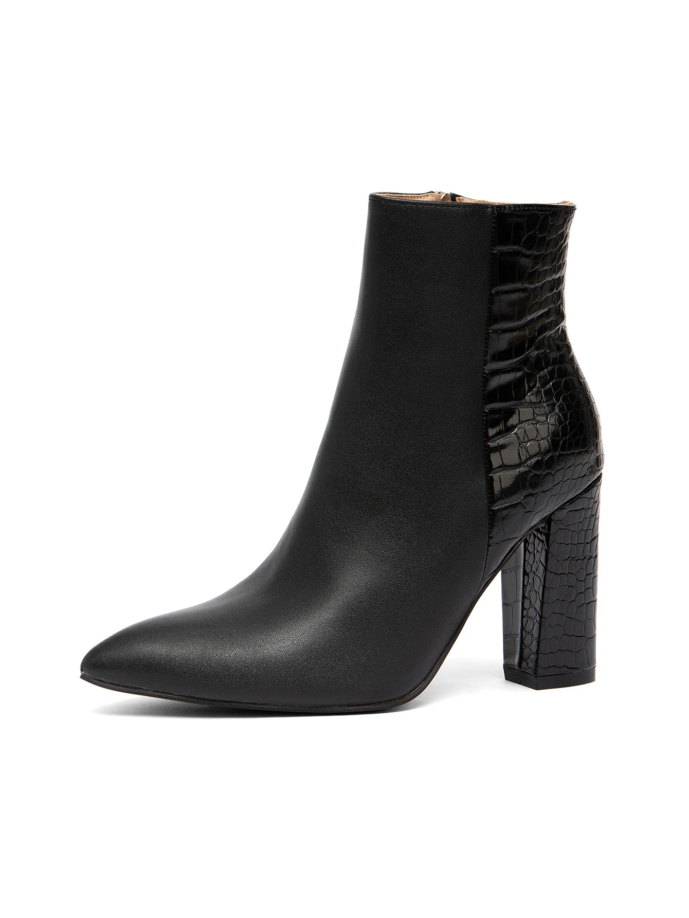 2025 Autumn and Winter Women's New Thick Heel Pointed Toe Fashion Boots Crocodile Pattern Stitching Black Versatile Skirt Daily Date Artificial Short Plush Boots