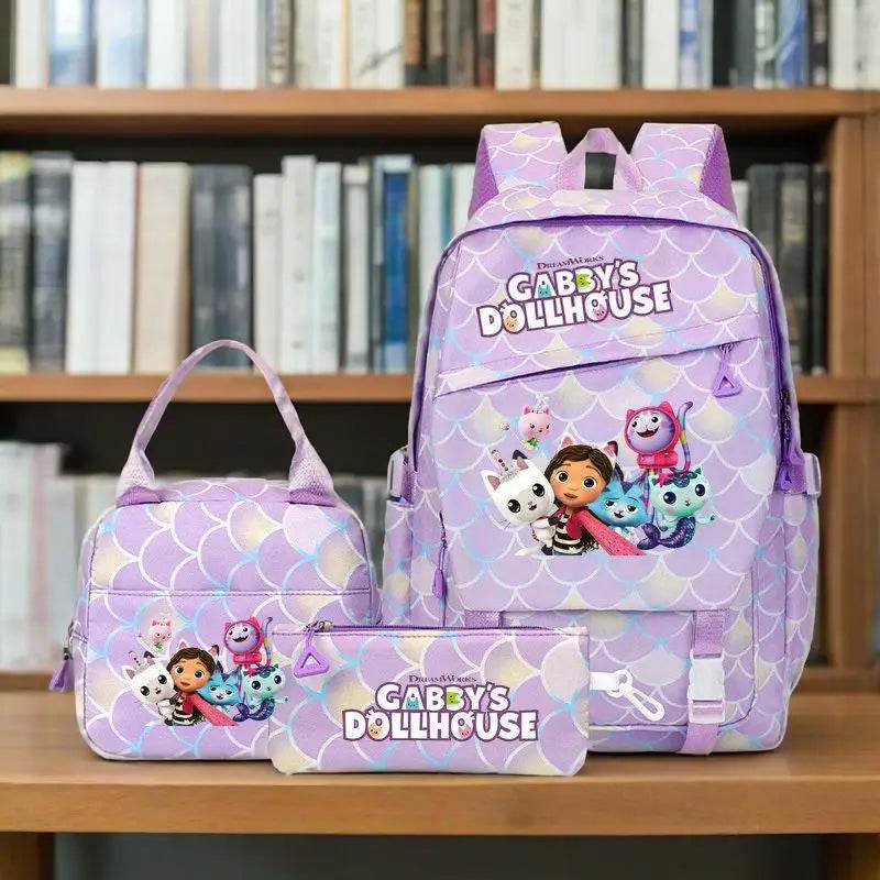 3Pcs/set Gabby Dollhouse Colorful Backpack With Lunch Bag for Girl Boy Student Teenager Rucksack Women Casual School Bags Set - AIAZ