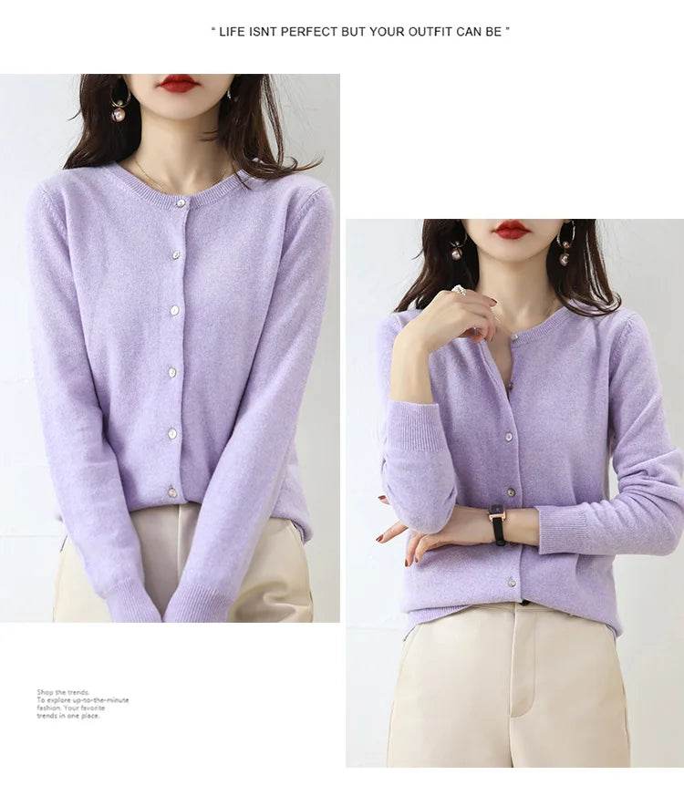 Knitted Cardigan Women's Sweater Autumn And Winter 2022 New Solid Color Coat Round Neck Short Long Sleeve Loose Korean Fashion - AIAZ