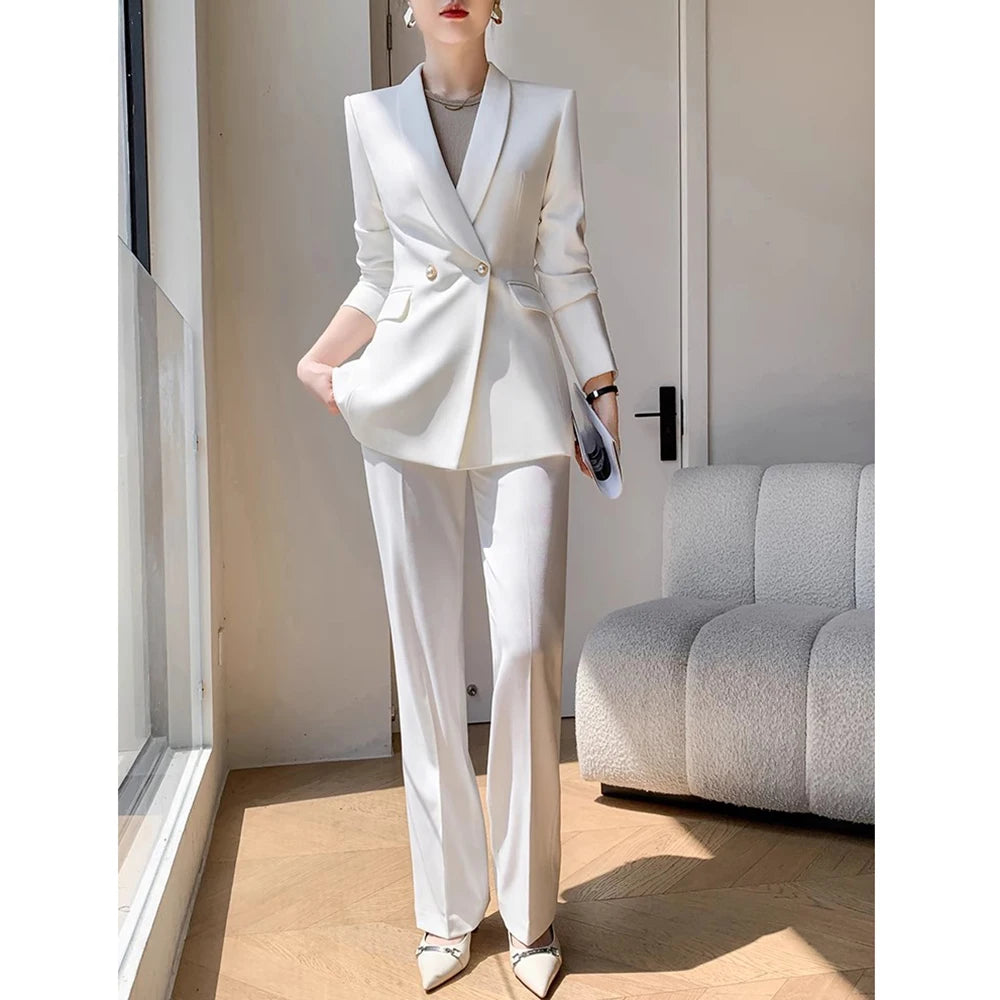Solid White Suit Women 2025 New Spring Autumn Flares Pants High-Grade Slimming Business Clothing Sets Formal Suits Overalls