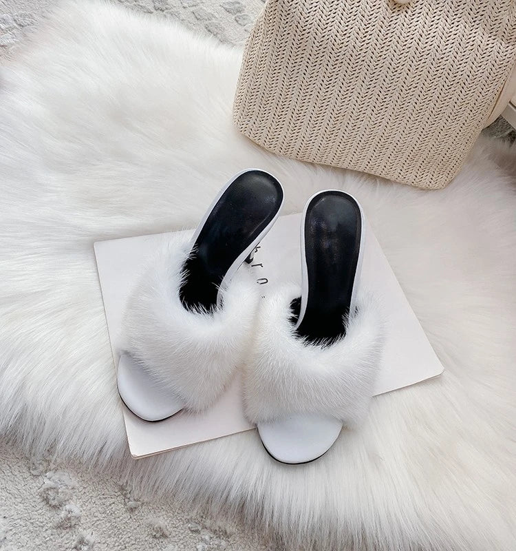 Thin high-heeled slippers summer new round-toed fish mouth fur leather fashion slippers banquet dress mink fur women's sandals
