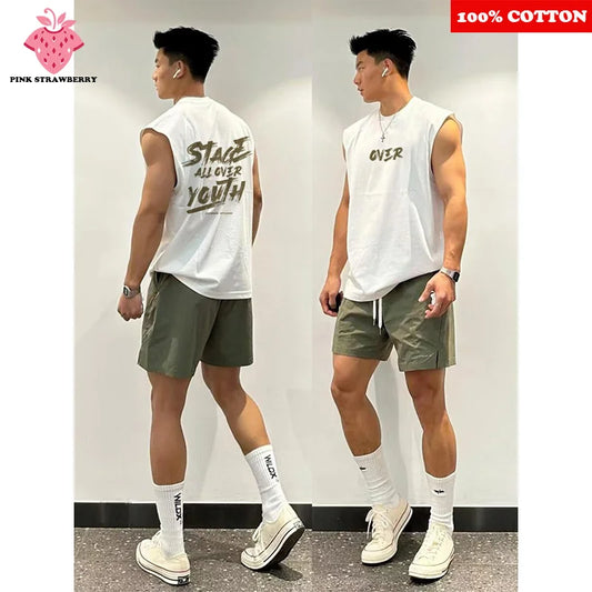 Men's Vest Pullover Summer 2025 New American Letter Print Sport Fitness Swimming Running Shirt Sleeveless Vest Quick Dry Y2k Top