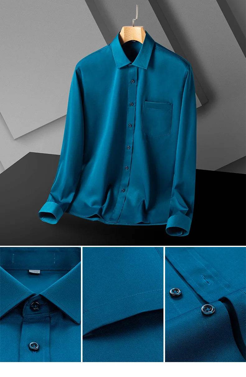 Classic Shirts For Men Long Sleeve Business Causal Stretch Soft Solid Formal Anti-wrinkle Non-iron Navy Party Wedding Blouse 5XL - AIAZ