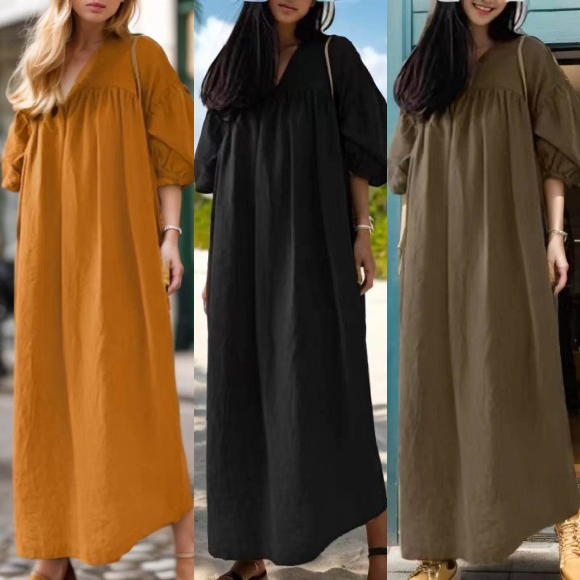 Muslim Fashion Dresses New Middle East Dubai Muslim Solid Color Loose V-neck Puff Sleeve Casual Cotton Polyester Dress - AIAZ