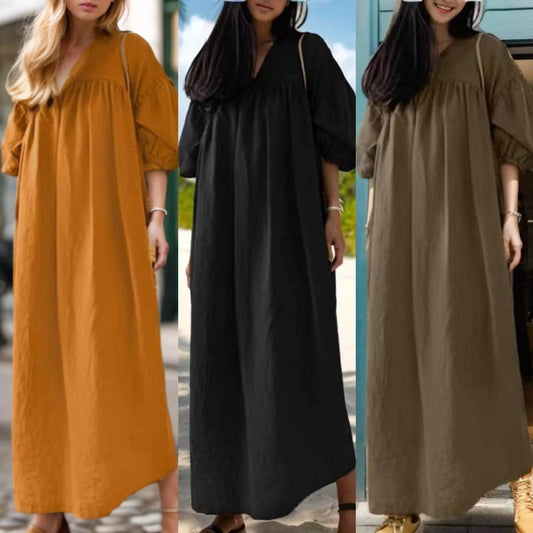 Muslim Fashion Dresses New Middle East Dubai Muslim Solid Color Loose V-neck Puff Sleeve Casual Cotton Polyester Dress - AIAZ