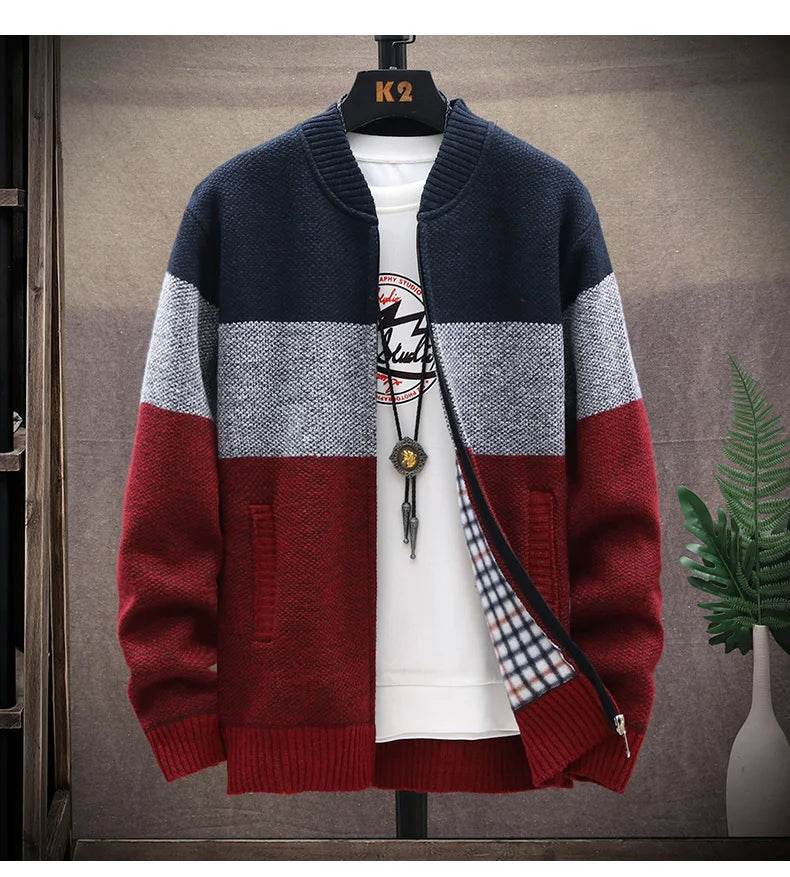 Autumn Winter Cardigan Sweater Men Fleece Zipper Sweaters Velvet Contrast Striped Sweater Coats Casual Jackets - AIAZ