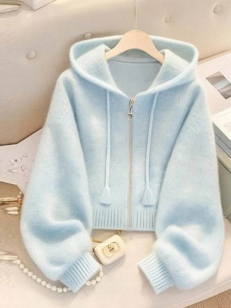 New Soft Blue Cardigan Sweaters Women Long Sleeve Elegant Knitted Jacket Sweet Design Female Casual Hooded Outwear Tops - AIAZ
