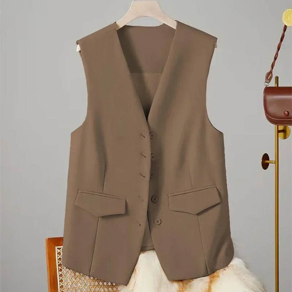 Women Suit Vest Elegant Women's V Neck Business Vest Sleeveless Waistcoat for Office Commute Style Solid Color Single-breasted - AIAZ
