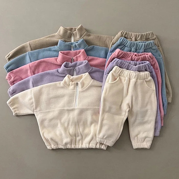 Autumn Winter Toddler Baby Boys Girl Sports Suit Children Clothes Fleece Solid Color Hoodies Suit Infant Boys Girl Outfit 2PCS