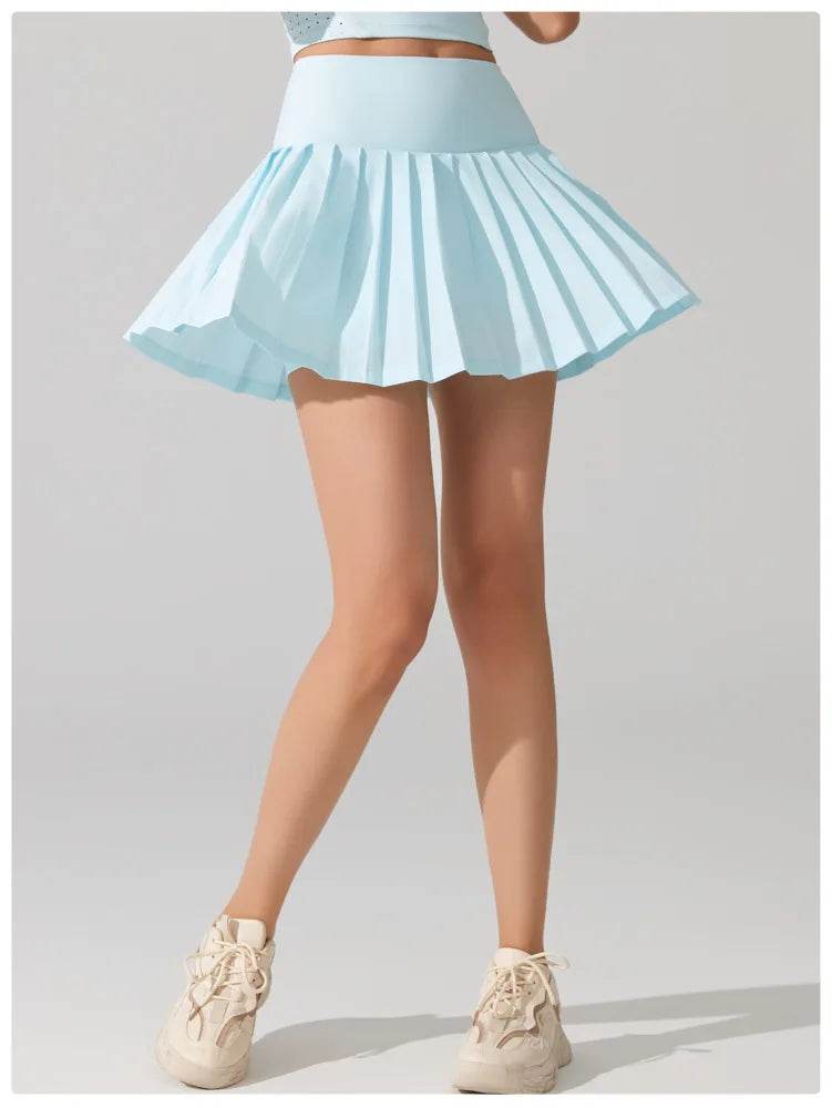 Women Summer Tennis Skirt Solid Color Pleated 2 In 1 Running Skirt Breathable Quick Dry Pocket Badminton Skirt Short Sportswear - AIAZ