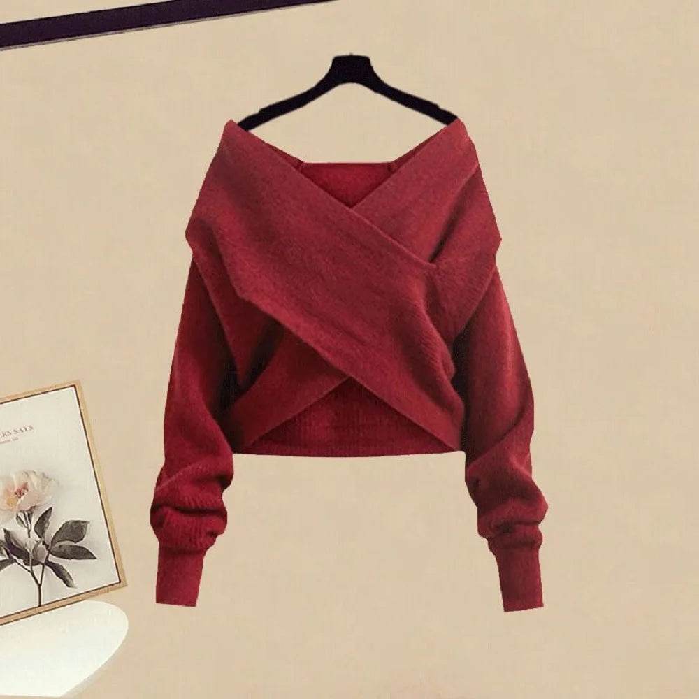 Women's Knitted Sweater Skirt Two Piece Set Women Slim Elegant Tops Female Sweater Dress Suits Lady Knitting Outfit - AIAZ