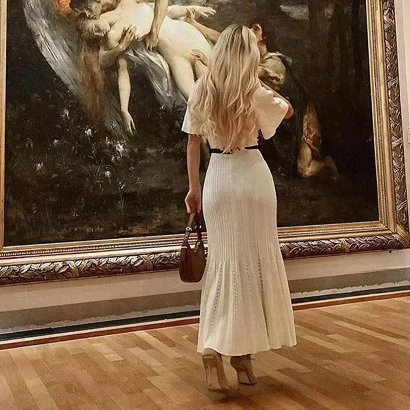 Elegant Knit Dress For Women White Slim O-neck Single Breasted Short Sleeve Long Dresses Female 2025 Spring Fashion Lady Robe - AIAZ