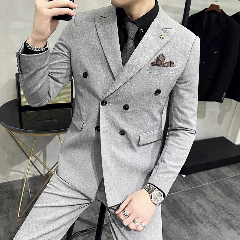 Jackets + Pants / Groom's Wedding Dress Best Fashion Mans Double -breasted Suit Blazer Trousers Male Formal Business Office Suit - AIAZ