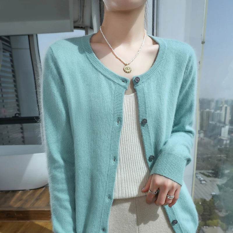 Women's Cardigan 100% Mink Cashmere Sweater,O-Neck Long Sleeve Top,Plus-Size Loose,Spring and Autumn Soft Knitted Jacket Female - AIAZ