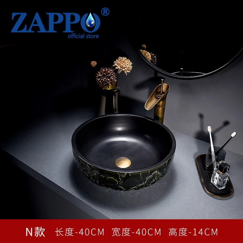 ZAPPO Round Vessel Sink with Faucet Drain JinDezhen Ceramic Vessel Sinks Oval Bathroom Sink Bowl Above Counter with Mixer Tap