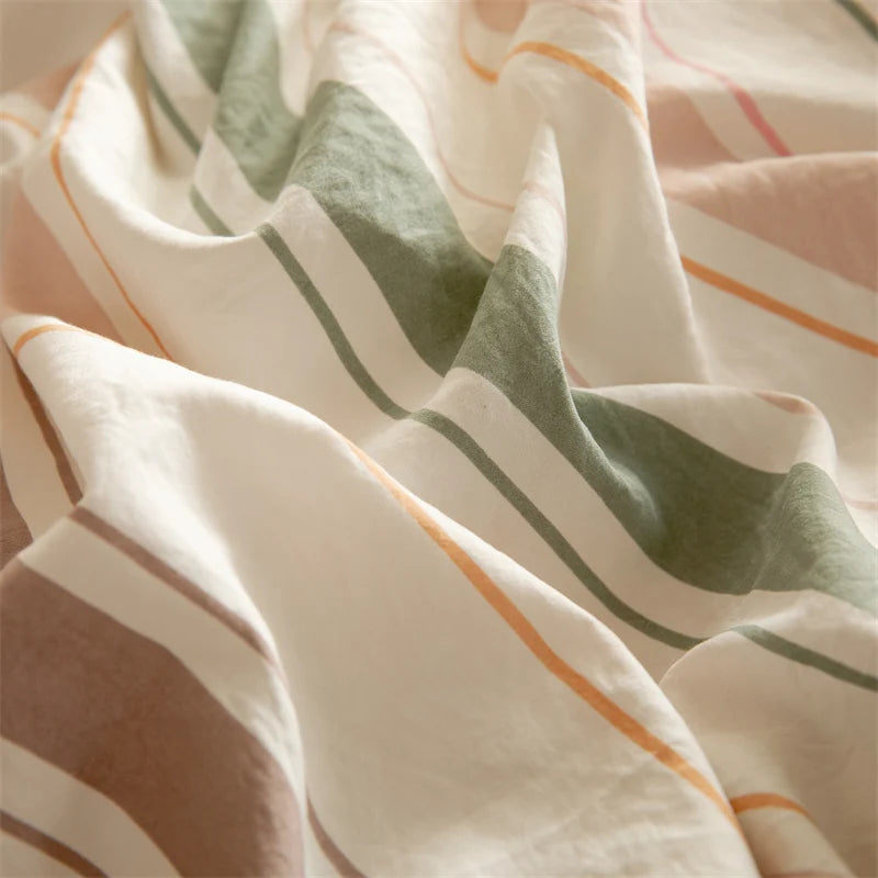 Striped Duvet Cover Set Queen 100% Washed Cotton Bedding Set, Luxury Soft Pink Vertical Ticking Stripes Comforter Cover, (3pcs)