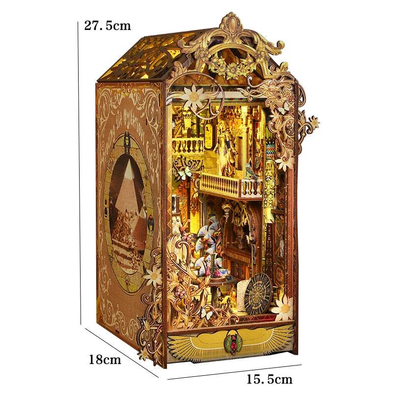 DIY Book Nook Shelf Insert Kit 3D Wooden Puzzle Doll House Assembly Building Model Bookends With Furniture LED Light Xmas Gifts - AIAZ