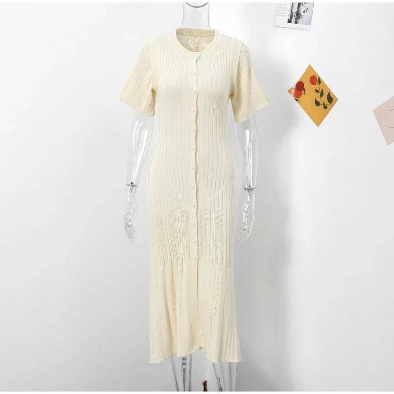 Elegant Knit Dress For Women White Slim O-neck Single Breasted Short Sleeve Long Dresses Female 2025 Spring Fashion Lady Robe - AIAZ