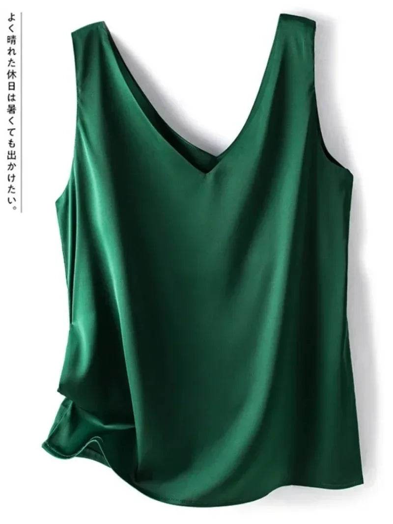 Woman T-shirts Elegant SILK Satin Blouse Sleeveless Female Summer 2025 Casual Loose Tanks and Camis Solid Green Tops for Women - AIAZ