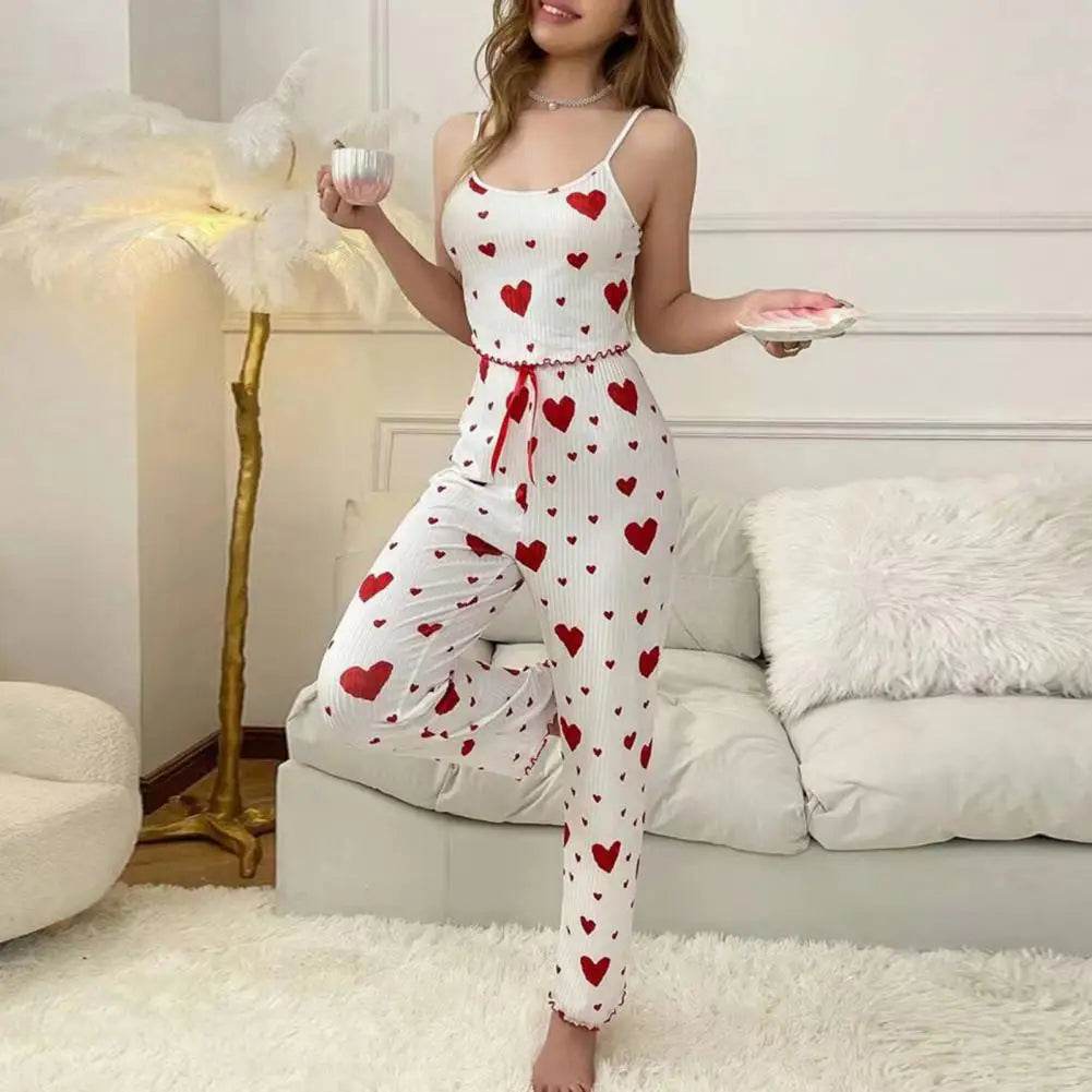 2 Pcs/Set Women Vest Pants Suit Bow Heart Print Sleeveless Shirring Edge Top High Waist Trousers Summer Cotton-blend Pajama Set - AIAZ