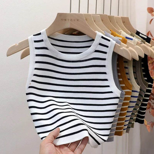 Summer Spring Striped Tank Tops Women Sleeveless Knitted T-Shirts Crop Tops Female Elastic Slim Casual Vests Pullover Camis - AIAZ
